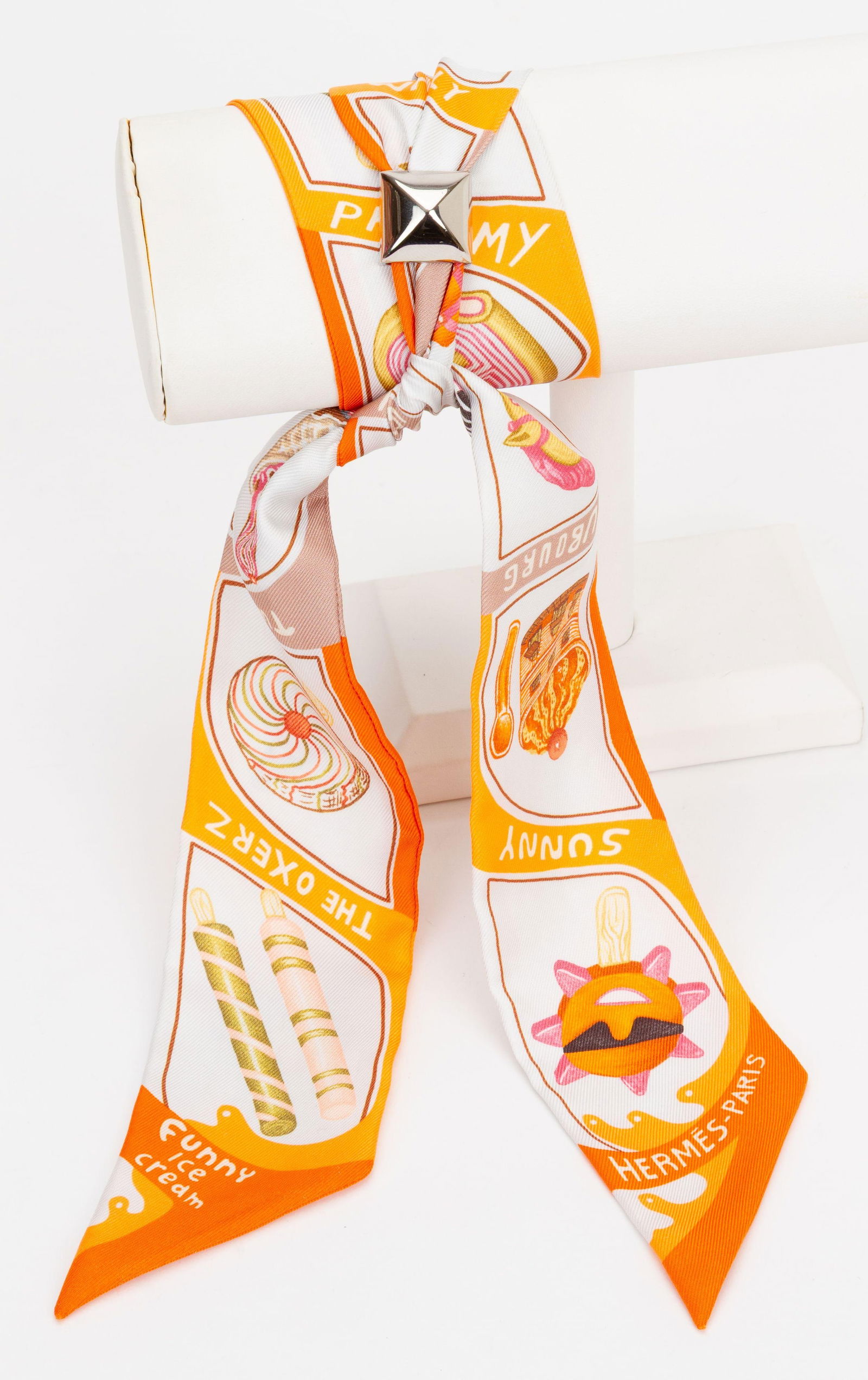 Hermes Funny Ice Cream Twilly 100% Silk Silver-Toned Hardware (1 of 4)