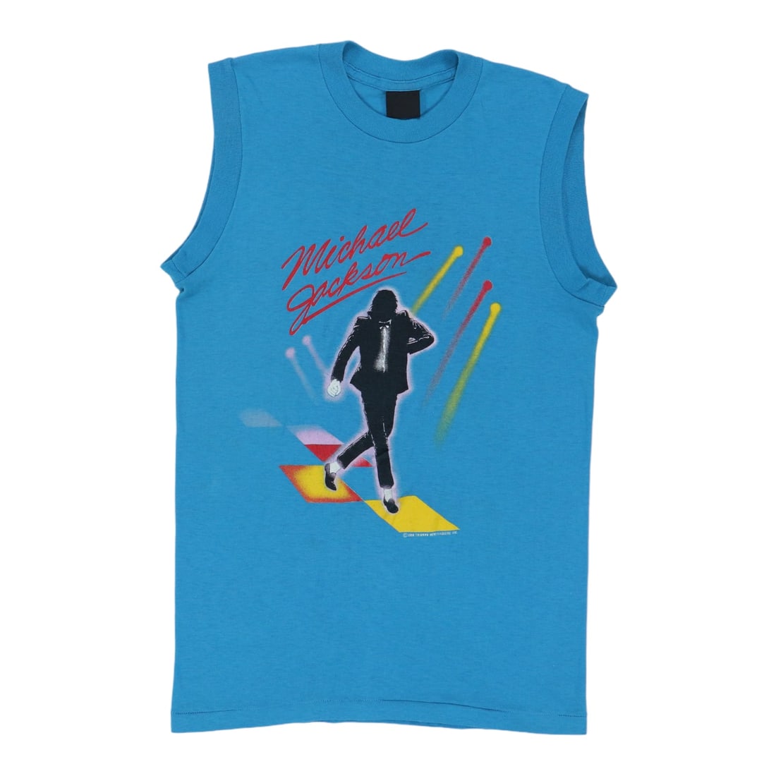Original 1984 Michael Jackson Victory Tour Sleeveless Shirt Blue: Original 1984 Michael Jackson Victory Tour Sleeveless Shirt Blue Celebrate the iconic 1984 Michael Jackson Victory Tour with this original vintage sleeveless shirt. This authentic piece of memorabilia