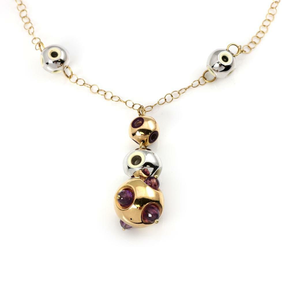 18k Tri-Color Gold Amethyst Enamel Graduated Ball Necklace by Gold Esprit: 18k Tri-Color Gold Amethyst Enamel Graduated Ball Necklace by Gold Esprit This exquisite necklace features a stunning design crafted from 18k tri-color gold, combining white, yellow, and rose gold wit