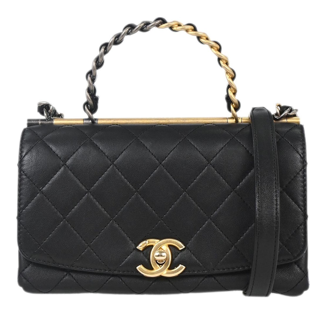 Chanel Black Lambskin Leather 2way Top Handle Handbag: Chanel Black Lambskin Leather 2way Top Handle Handbag This Chanel 2way handbag is crafted from luxurious black lambskin leather, offering a stylish and sophisticated accessory for casual occasions. Th