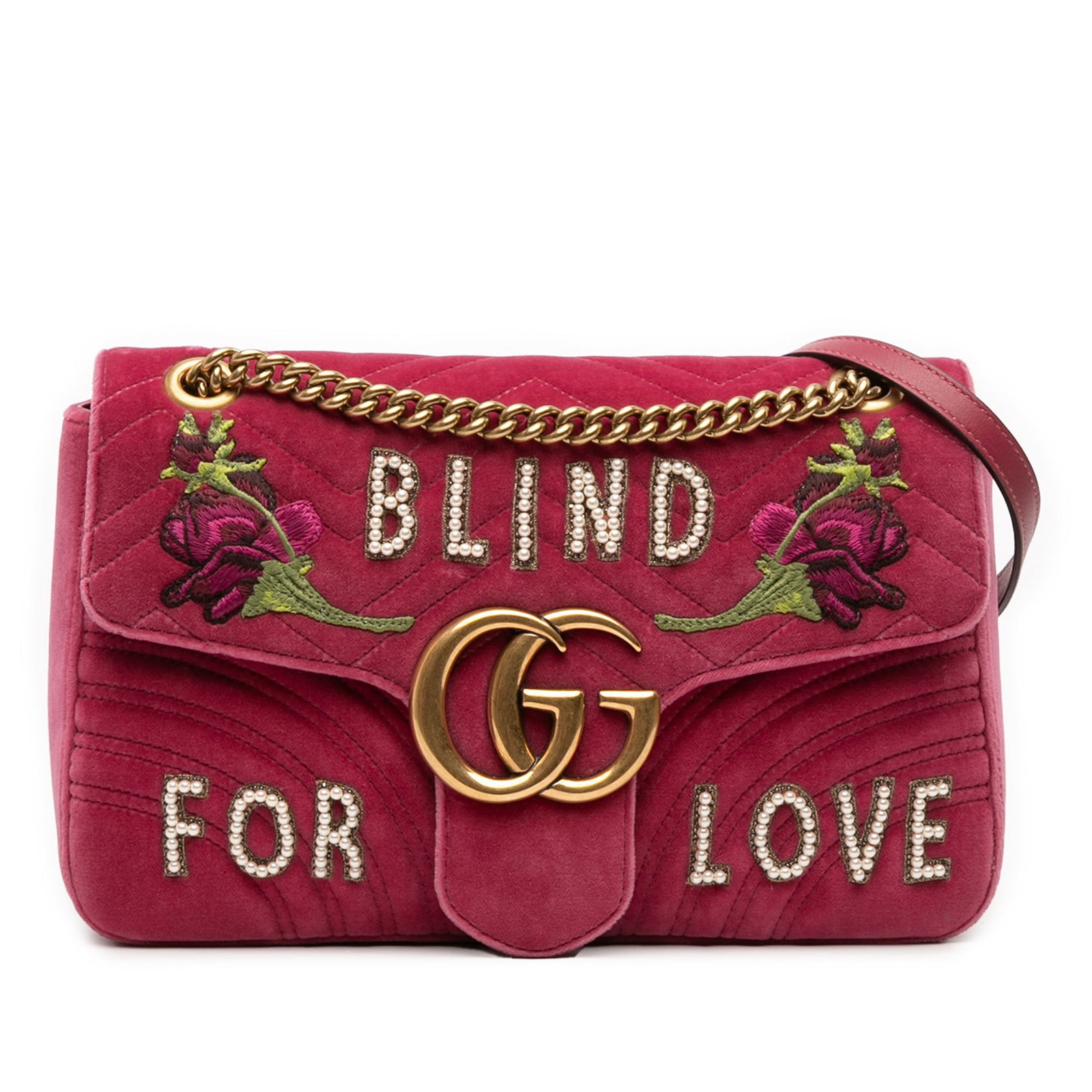 Gucci GG Marmont Large Pink Velvet Embroidered Shoulder Bag with Chain Strap: Gucci GG Marmont Large Pink Velvet Embroidered Shoulder Bag with Chain Strap This Gucci Large GG Marmont Matelasse Velvet Embroidered Blind For Love Shoulder Bag features a quilted velvet body with in