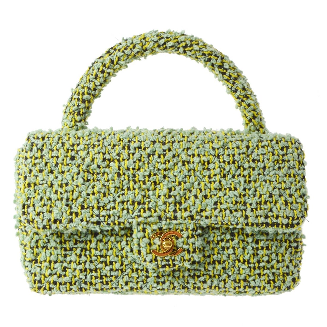 Chanel Green Tweed Sequins Top Handle Satchel Handbag: Chanel Green Tweed Sequins Top Handle Satchel Handbag This Chanel Green Tweed Top Handle Handbag is a stylish medium-sized satchel featuring a matelasse pattern with quilted accents. The exterior is m