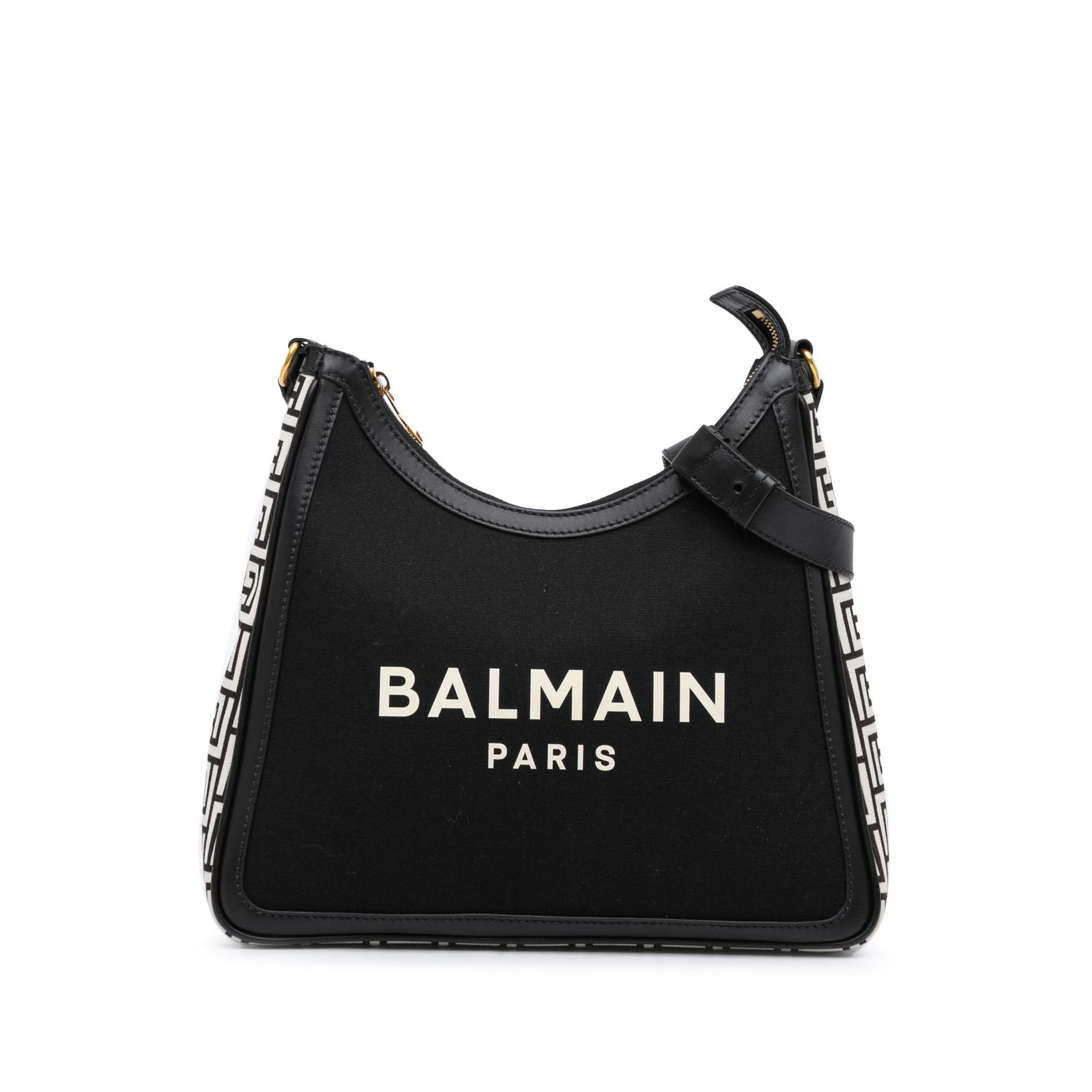 Balmain Black Canvas B-Army 26 Shoulder Bag with Leather Trim: Balmain Black Canvas B-Army 26 Shoulder Bag with Leather Trim The Balmain Canvas B-Army 26 Shoulder Bag combines style and functionality with its durable canvas body and elegant leather trim. This chi