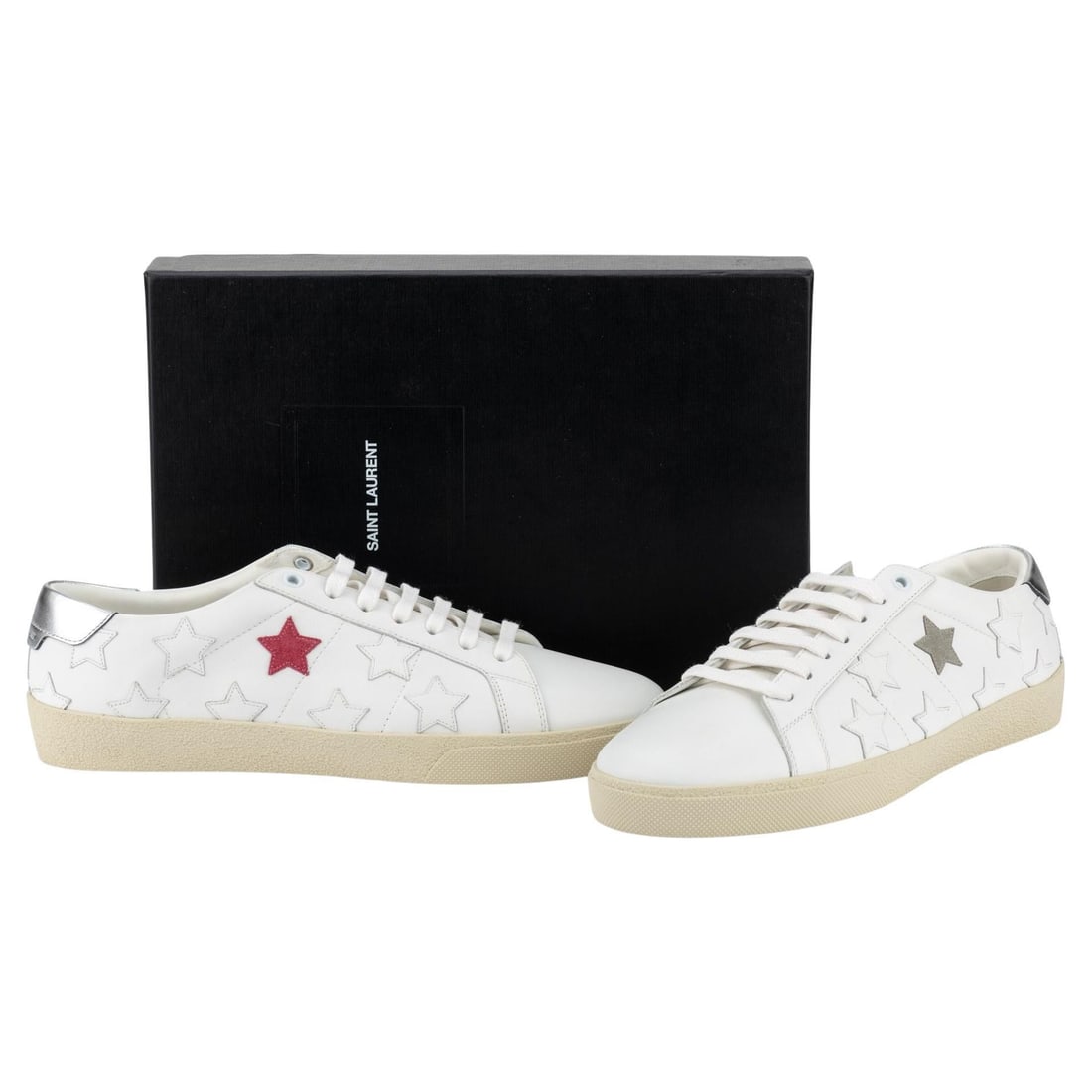 Yves Saint Laurent White Star Sneakers European 42.5 New: Yves Saint Laurent White Star Sneakers European 42.5 New Elevate your footwear collection with these brand new Yves Saint Laurent white sneakers, adorned with stylish embroidered stars. Designed for c