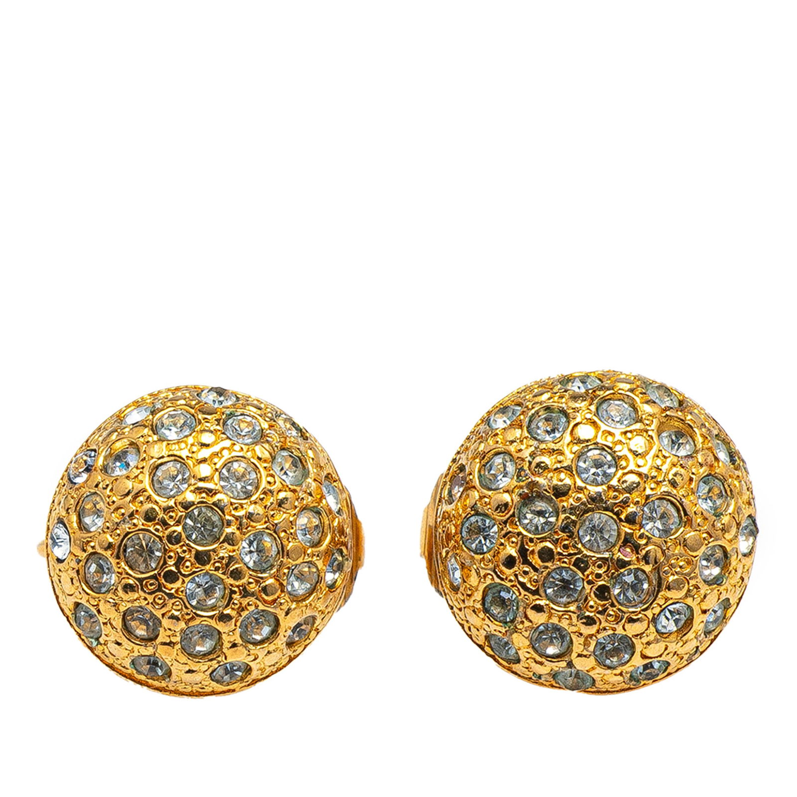 Chanel Gold Plated Rhinestone Round Clip-On Earrings: Chanel Gold Plated Rhinestone Round Clip-On Earrings Elevate your accessory collection with these exquisite Chanel Gold Plated and Rhinestones Round Clip On Earrings. Crafted with a gold-plated metal