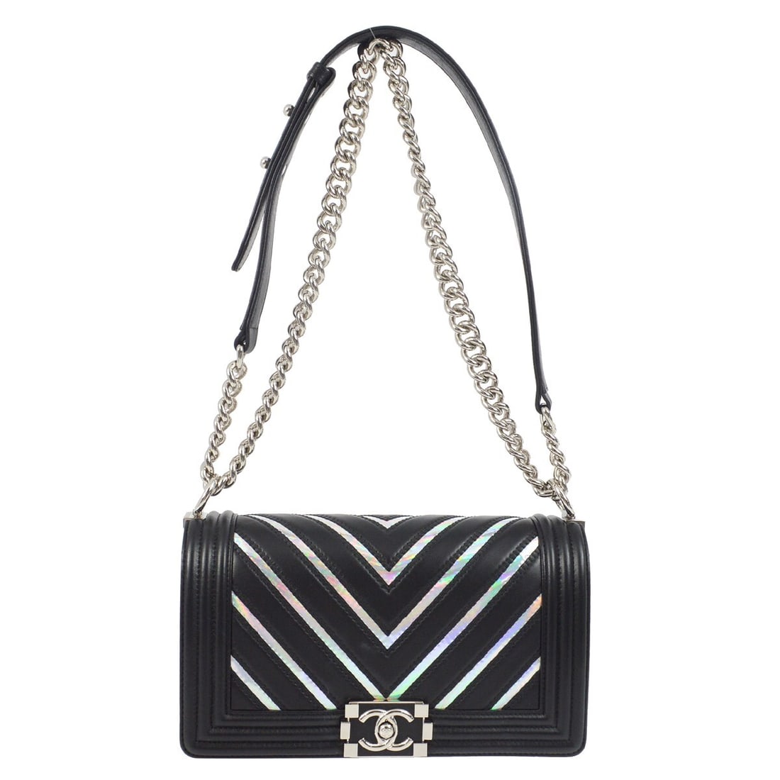 Chanel Boy Medium Double Chain Black Lambskin Shoulder Bag: Chanel Boy Medium Double Chain Black Lambskin Shoulder Bag This Boy Chanel Medium Double Chain Shoulder Bag is crafted from luxurious black lambskin and features a stylish chevron pattern. Designed fo