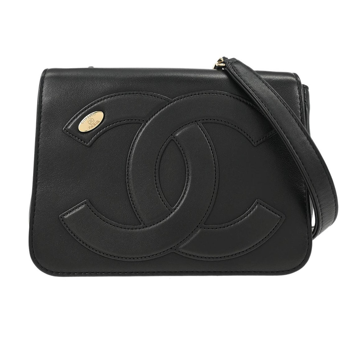 Chanel Black Lambskin Mini Shoulder Bag with Chain Strap: Chanel Black Lambskin Mini Shoulder Bag with Chain Strap Elevate your style with this elegant Chanel Black Lambskin Shoulder Bag, designed for casual occasions. This mini-sized bag features a sleek bl