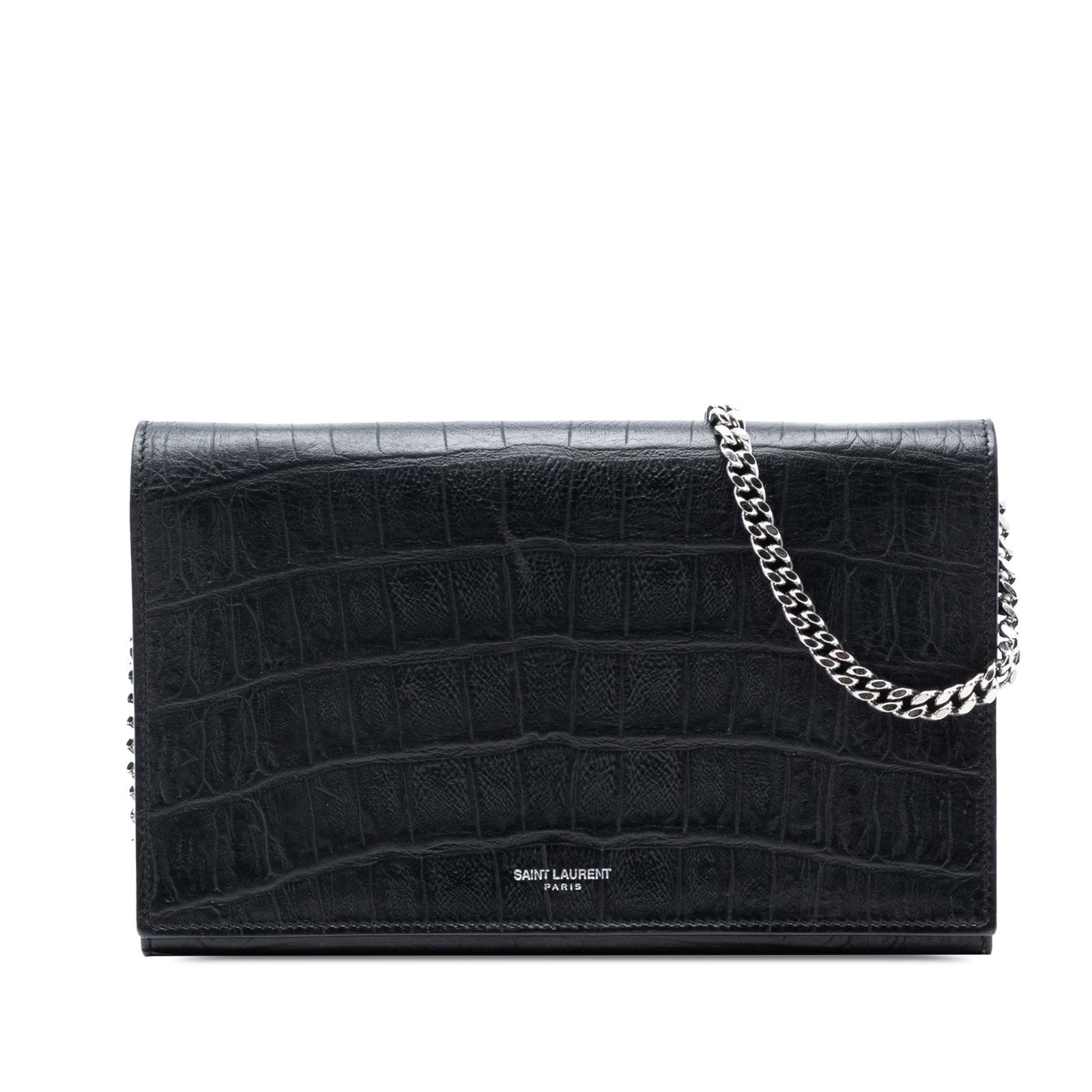 Black Croc Embossed Leather Wallet on Chain by Saint Laurent: Black Croc Embossed Leather Wallet on Chain by Saint Laurent This Saint Laurent wallet on chain features a black croc-embossed leather body, a chain link strap, and a flap with a magnetic snap closure