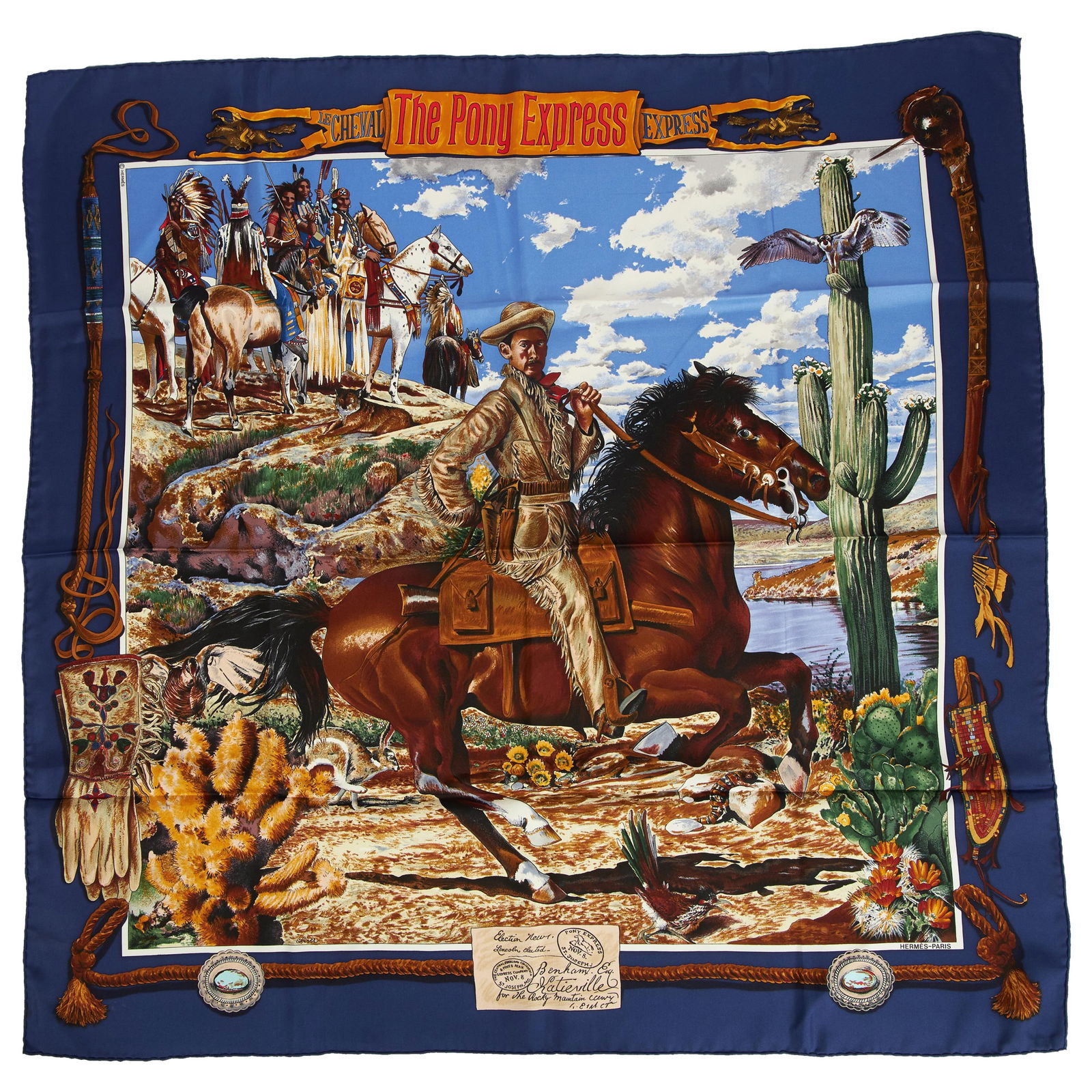 Hermes Pony Express Navy Blue Silk Scarf 35x35 Hand-Rolled Edges: Hermes Pony Express Navy Blue Silk Scarf 35x35 Hand-Rolled Edges This exquisite Hermes Silk Pony Express scarf features a striking navy blue color and vibrant designs by Kermit Oliver. Measuring 35 in
