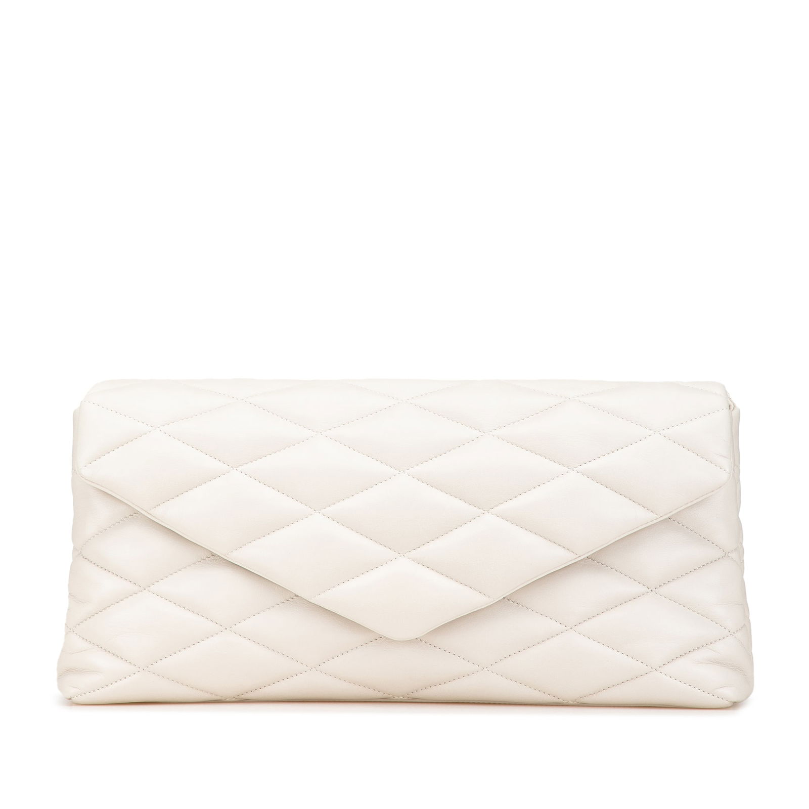 Saint Laurent White Quilted Lambskin Sade Clutch Italy: Saint Laurent White Quilted Lambskin Sade Clutch Italy This elegant Saint Laurent Large Quilted Lambskin Sade Clutch is crafted from soft quilted lambskin leather in a classic white color. It features