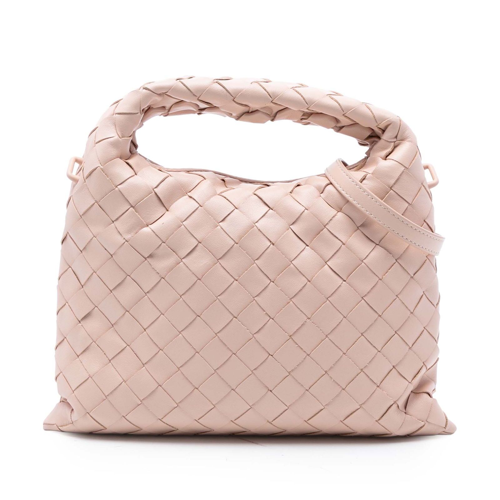 Pink Mini Intrecciato Hop Satchel by Bottega Veneta in Calfskin Leather: Pink Mini Intrecciato Hop Satchel by Bottega Veneta in Calfskin Leather This Bottega Veneta Mini Calfskin Intrecciato Hop Satchel features the brand's signature woven leather design in pink calfskin.