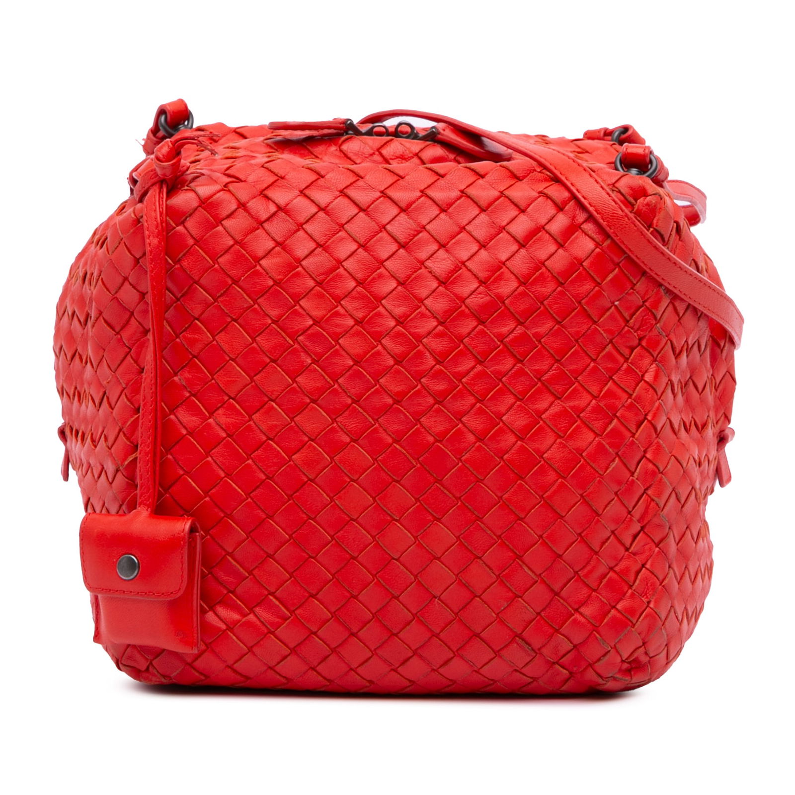 Bottega Veneta Red Nappa Intrecciato Cube Shoulder Bag: Bottega Veneta Red Nappa Intrecciato Cube Shoulder Bag This Bottega Veneta Nappa Intrecciato Cube Shoulder Bag showcases a luxurious woven nappa leather body in a striking red color. It features flat