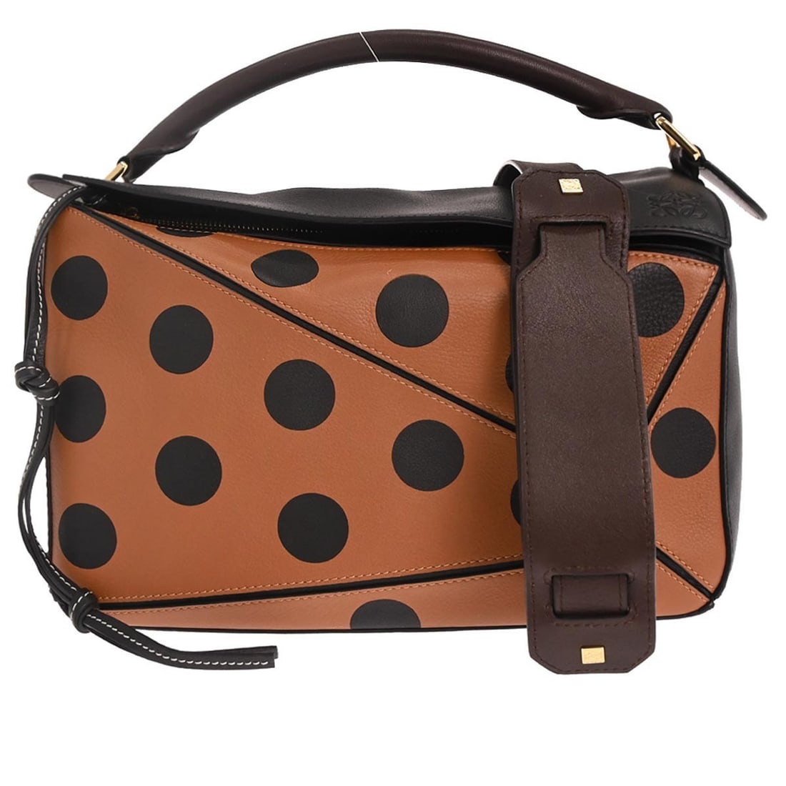 Loewe Puzzle Medium Leather Two Way Top Handle Bag in Brown and Black: Loewe Puzzle Medium Leather Two Way Top Handle Bag in Brown and Black This Loewe Puzzle 2way handbag showcases a distinctive top handle design crafted in brown and black leather. The medium-sized bag