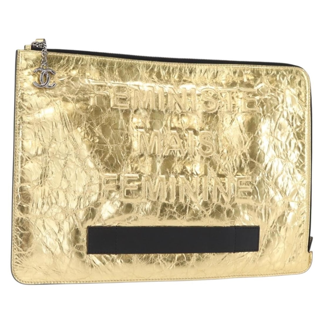 Chanel Gold Tone Clutch Bag Feminine Pouch: Chanel Gold Tone Clutch Bag Feminine Pouch This pre-owned Chanel feminine pouch features a sleek design with gold-tone metal fittings. It is in excellent condition, displaying minimal signs of use inc