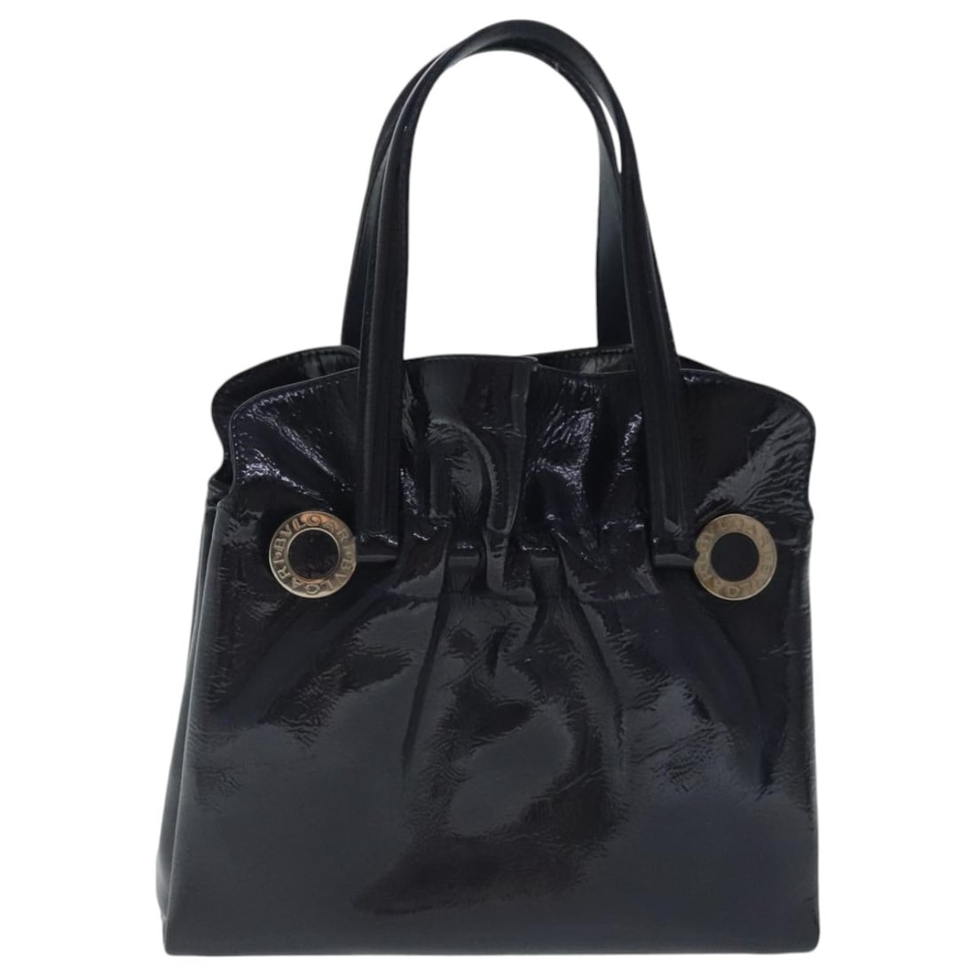 Navy Handbag with Top Handle by Bvlgari: Navy Handbag with Top Handle by Bvlgari This Bvlgari top handle handbag in navy offers a classic design crafted for women. The bag shows signs of use, including surface rubbing, slight loss of shape,