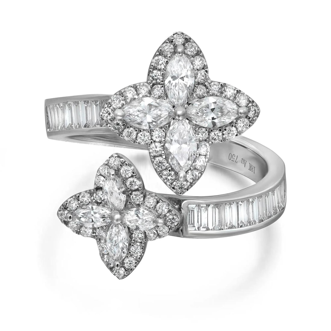 Rachel Koen 18K White Gold Diamond Flower Ring 1.70 ctw Size 7: Rachel Koen 18K White Gold Diamond Flower Ring 1.70 ctw Size 7 This exquisite bypass flower ring is a stunning piece crafted in luxurious 18K white gold. It features a beautiful arrangement of prong s