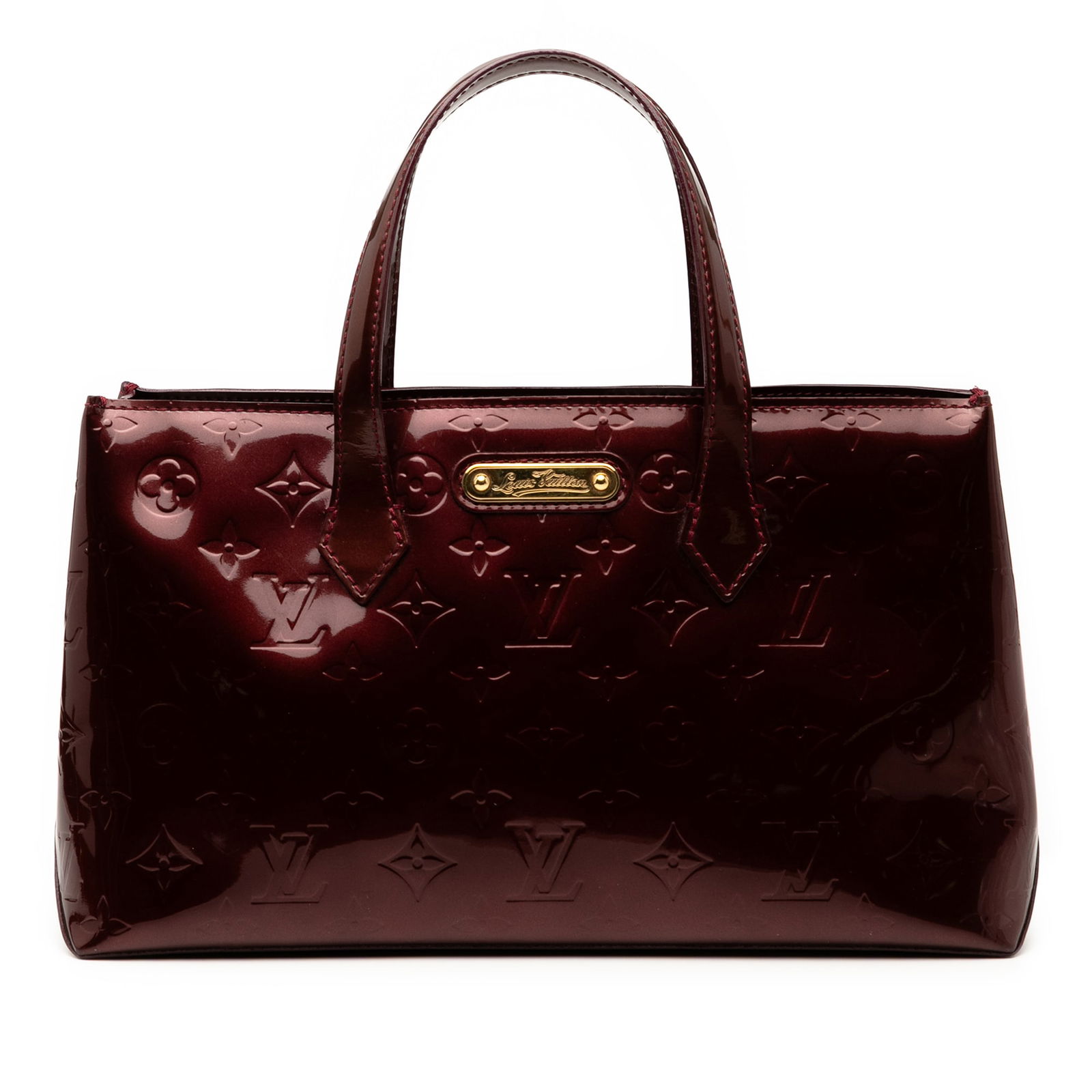 Red Vernis Leather Wilshire PM Tote by Louis Vuitton: Red Vernis Leather Wilshire PM Tote by Louis Vuitton The Louis Vuitton Monogram Vernis Wilshire PM is crafted from monogram vernis leather in a striking red color. It features flat leather handles, an