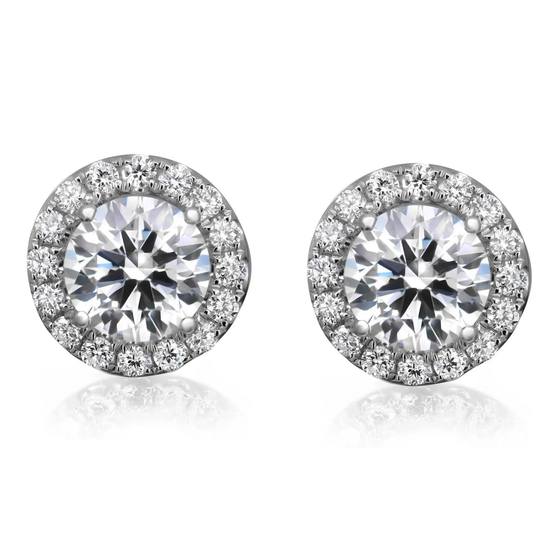 Rachel Koen 18K White Gold Lab Grown Diamond Halo Stud Earrings 2.07Cttw: Rachel Koen 18K White Gold Lab Grown Diamond Halo Stud Earrings 2.07Cttw Elevate your elegance with these stunning prong set round cut lab grown diamond halo stud earrings. Crafted from high-polished