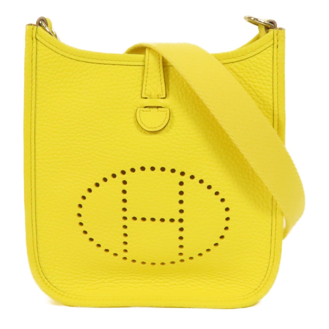 HERMES Evelyne TPM Shoulder Bag Limoncello Calfskin PHW: HERMES Evelyne TPM Shoulder Bag Limoncello Calfskin PHW This exquisite HERMES Evelyne TPM Shoulder Bag is crafted from high-quality Clemence leather in a vibrant Limoncello yellow hue. The bag feature