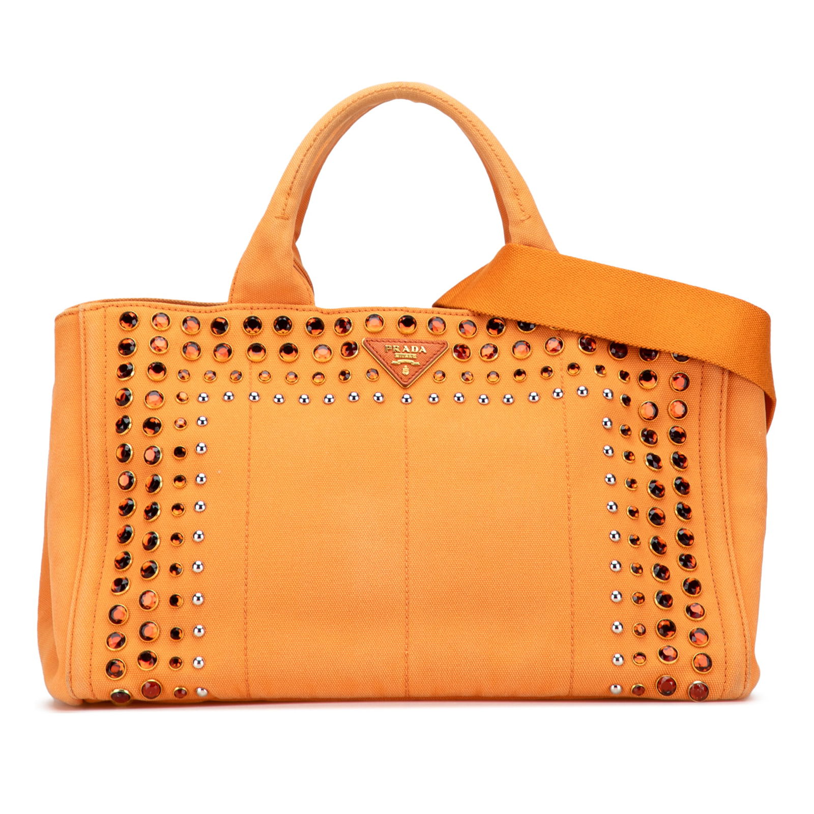 Prada Orange Canvas Canapa Bijoux Satchel with Studded Design: Prada Orange Canvas Canapa Bijoux Satchel with Studded Design Introducing the Prada Canvas Canapa Bijoux Satchel, a stylish and functional accessory crafted in Italy. This satchel features a studded c