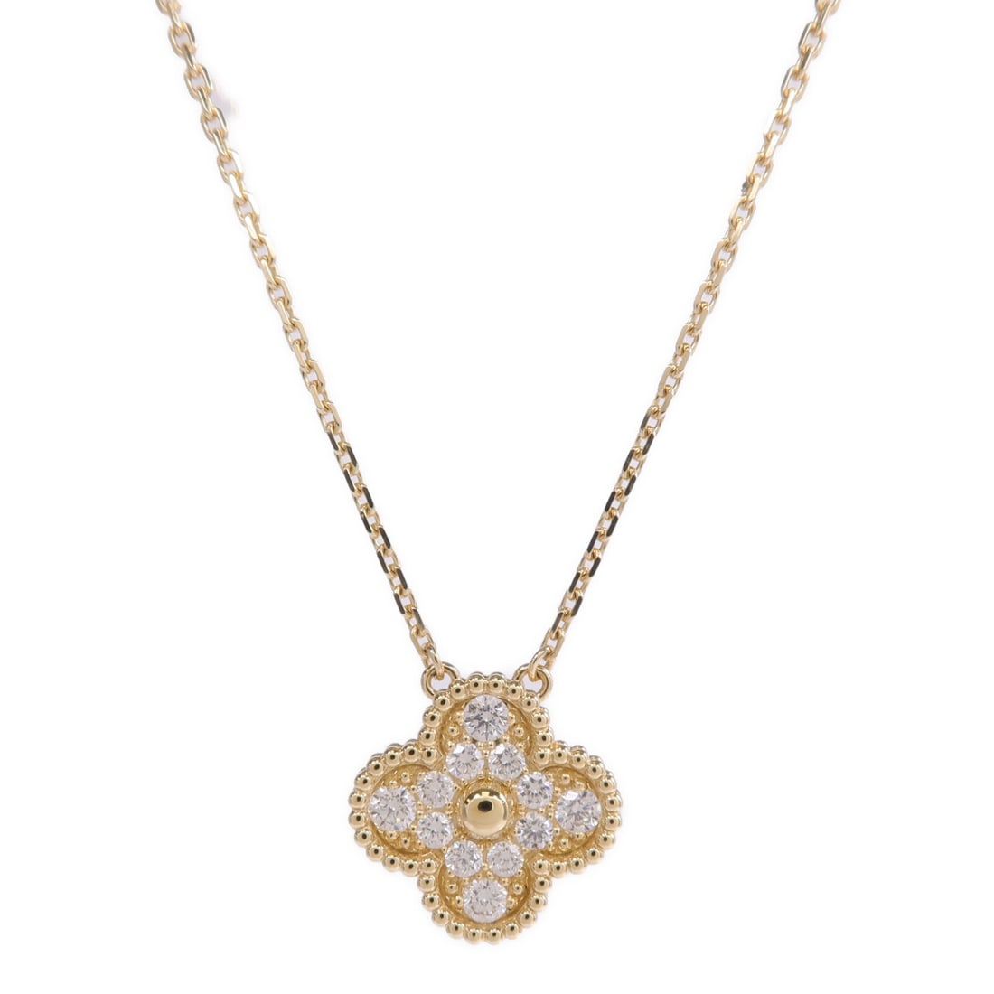 Van Cleef & Arpels 18K Gold Alhambra Necklace With Diamond Pendant: Van Cleef & Arpels 18K Gold Alhambra Necklace With Diamond Pendant This Van Cleef & Arpels Vintage Alhambra pendant necklace features a classic clover motif crafted in 18K yellow gold, accented with a