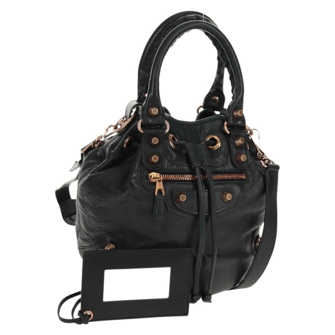 Green Leather Giant Mini Pom Pom 2way Balenciaga Bag with Gold Accents: Green Leather Giant Mini Pom Pom 2way Balenciaga Bag with Gold Accents This Balenciaga Giant Mini Pom Pom handbag is crafted from green leather with gold-tone accents. Designed for versatility, it fea