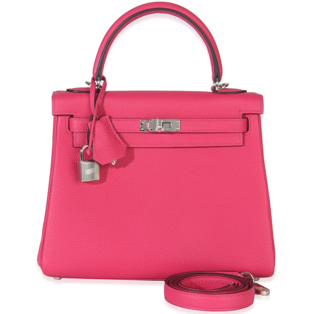 Kelly 25 Pink Leather Shoulder Bag with Palladium Hardware and Accessories: Kelly 25 Pink Leather Shoulder Bag with Palladium Hardware and Accessories This Hermes Kelly 25 is crafted from Togo leather in a Rose Mexico pink shade, featuring palladium hardware. The bag offers v