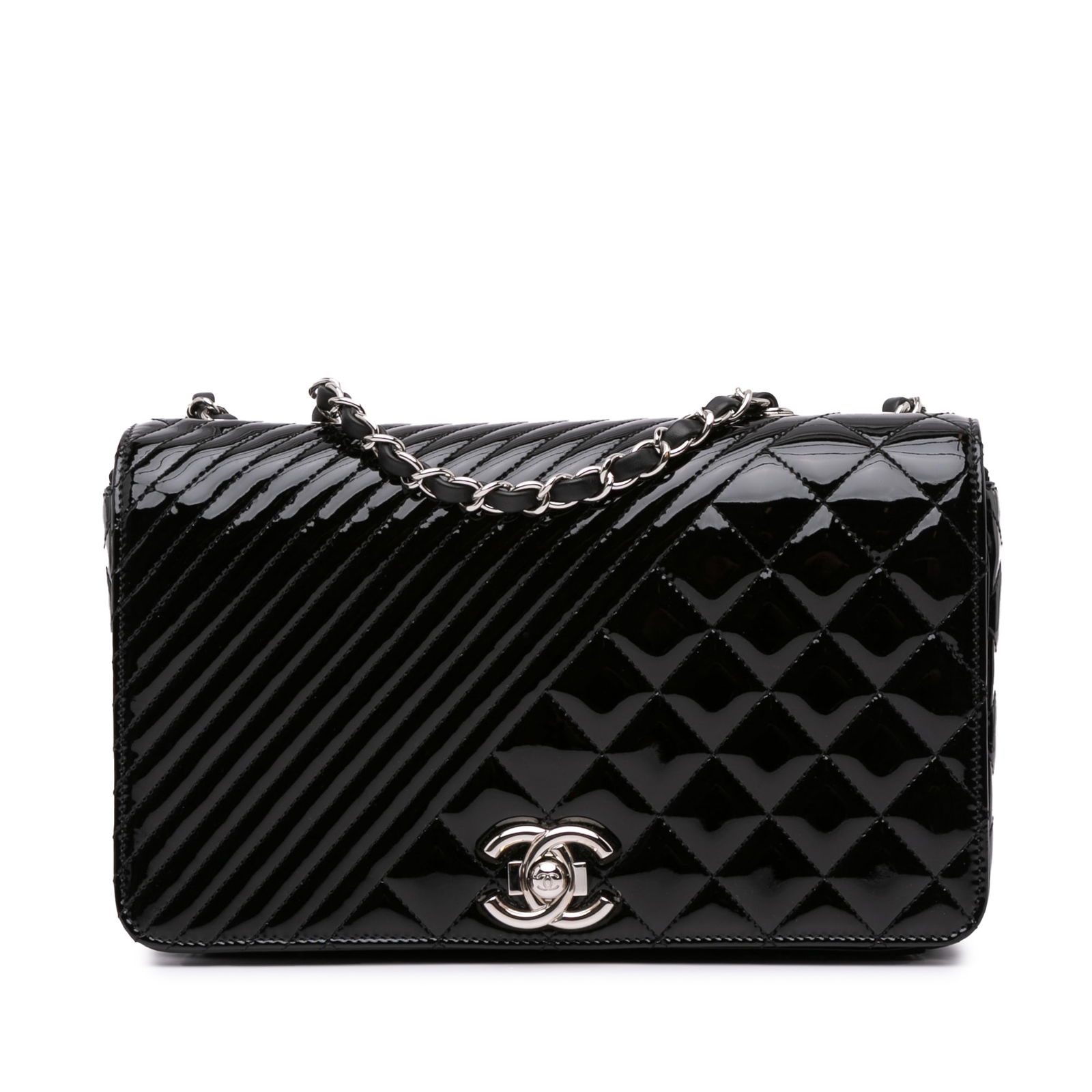 Chanel Black Patent Quilted Medium Coco Boy Shoulder Flap Bag: Chanel Black Patent Quilted Medium Coco Boy Shoulder Flap Bag This Chanel Medium Patent Coco Boy Flap bag features a quilted patent leather body in black, leather-woven chain straps, a front flap with