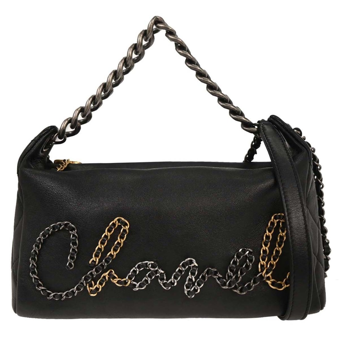 Chanel Black Calfskin Signature 2way Top Handle Handbag: Chanel Black Calfskin Signature 2way Top Handle Handbag This elegant Chanel handbag is crafted from luxurious black calfskin leather, offering a sophisticated touch to your casual attire. The medium-s