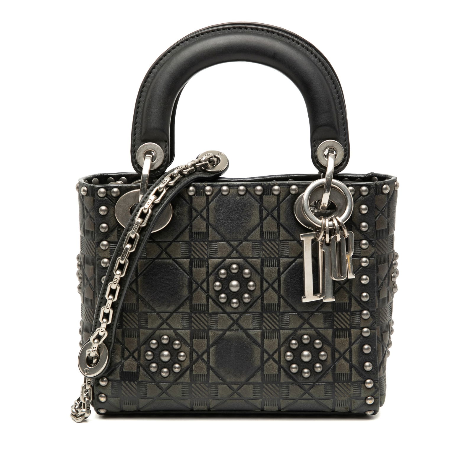 Dior Mini Lady Dior Calfskin Cannage Studded Flower Satchel Handbag: Dior Mini Lady Dior Calfskin Cannage Studded Flower Satchel Handbag This Lady Dior Mini satchel is crafted from black calfskin leather with an embossed Cannage pattern and studded flower embellishment