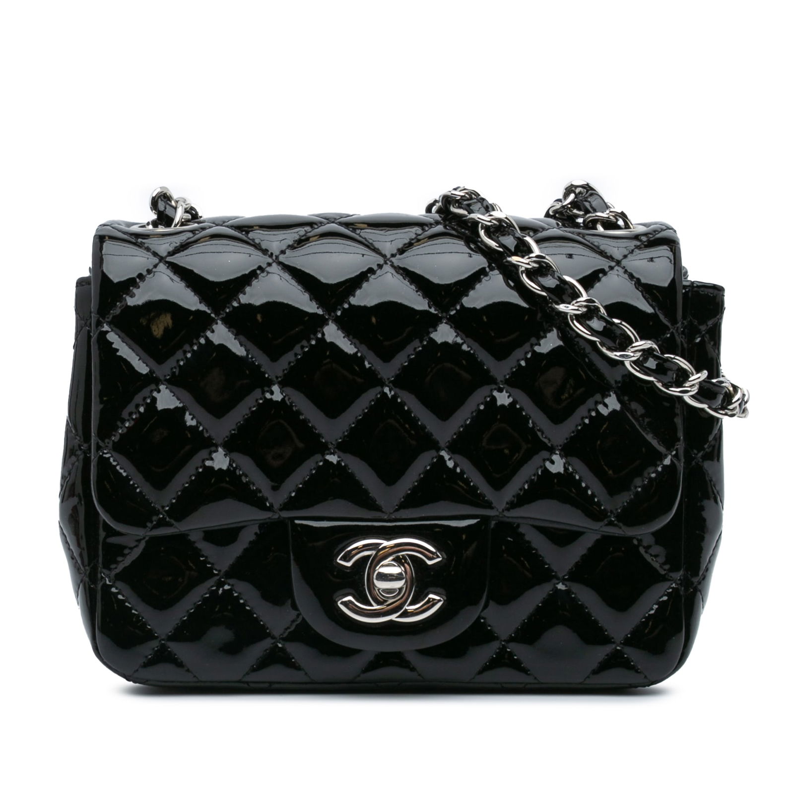 Chanel Mini Square Classic Flap Black Patent Leather Bag: Chanel Mini Square Classic Flap Black Patent Leather Bag The Chanel Mini Square Classic Patent Single Flap is a chic and stylish handbag crafted from quilted patent leather. It features a sophisticate