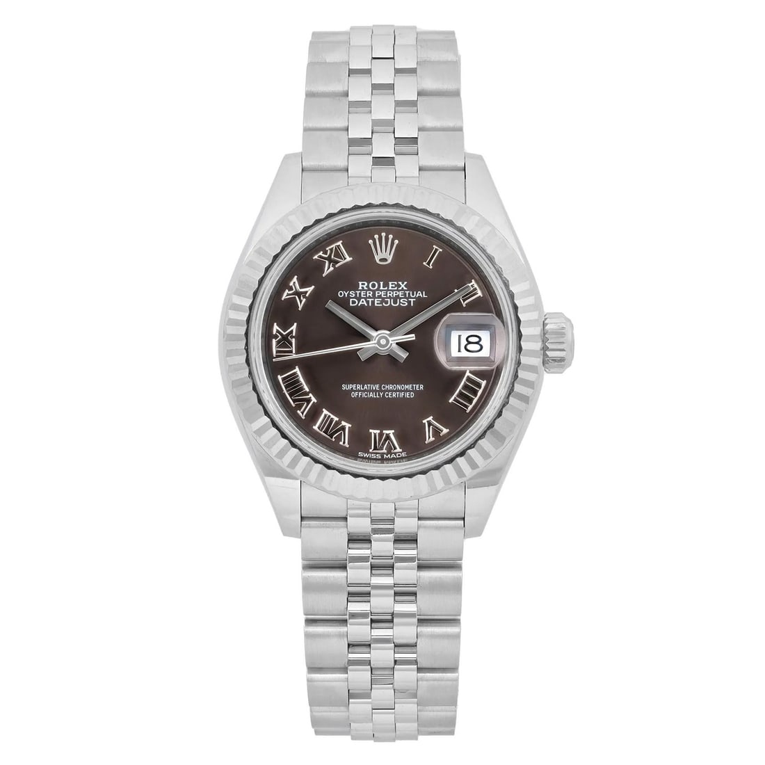 Rolex Datejust 28 Ladies Watch Gray Dial Gold Bezel 2018 with Box and Papers: Rolex Datejust 28 Ladies Watch Gray Dial Gold Bezel 2018 with Box and Papers This elegant Rolex Datejust 28 wristwatch features a luxurious gold bezel and a sophisticated gray Roman dial, designed for