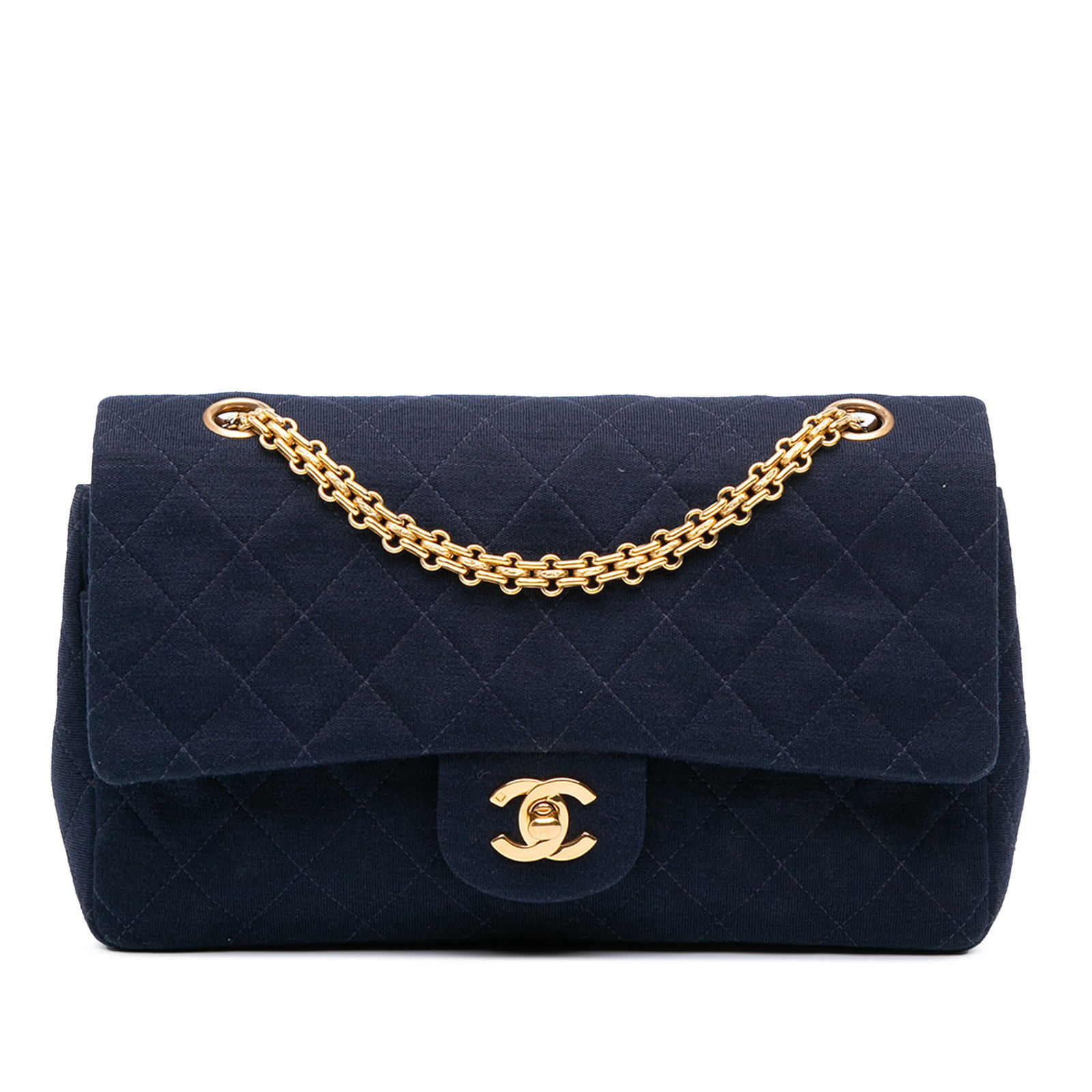 Chanel Medium Classic Jersey Double Flap Blue Shoulder Bag: Chanel Medium Classic Jersey Double Flap Blue Shoulder Bag Introducing the Chanel Medium Classic Jersey Double Flap, a sophisticated shoulder bag crafted from quilted jersey fabric. This elegant bag f