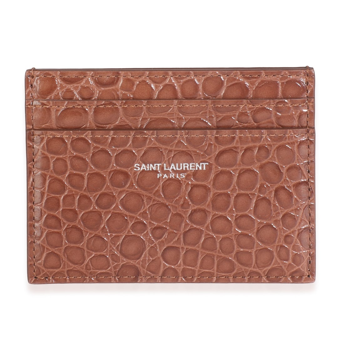 Saint Laurent 2022 Brown Croc Embossed Calfskin Logo Card Holder: Saint Laurent 2022 Brown Croc Embossed Calfskin Logo Card Holder Elevate your accessory collection with this stylish Saint Laurent Brown Croc Embossed Calfskin Logo Card Holder. Crafted in Italy, this