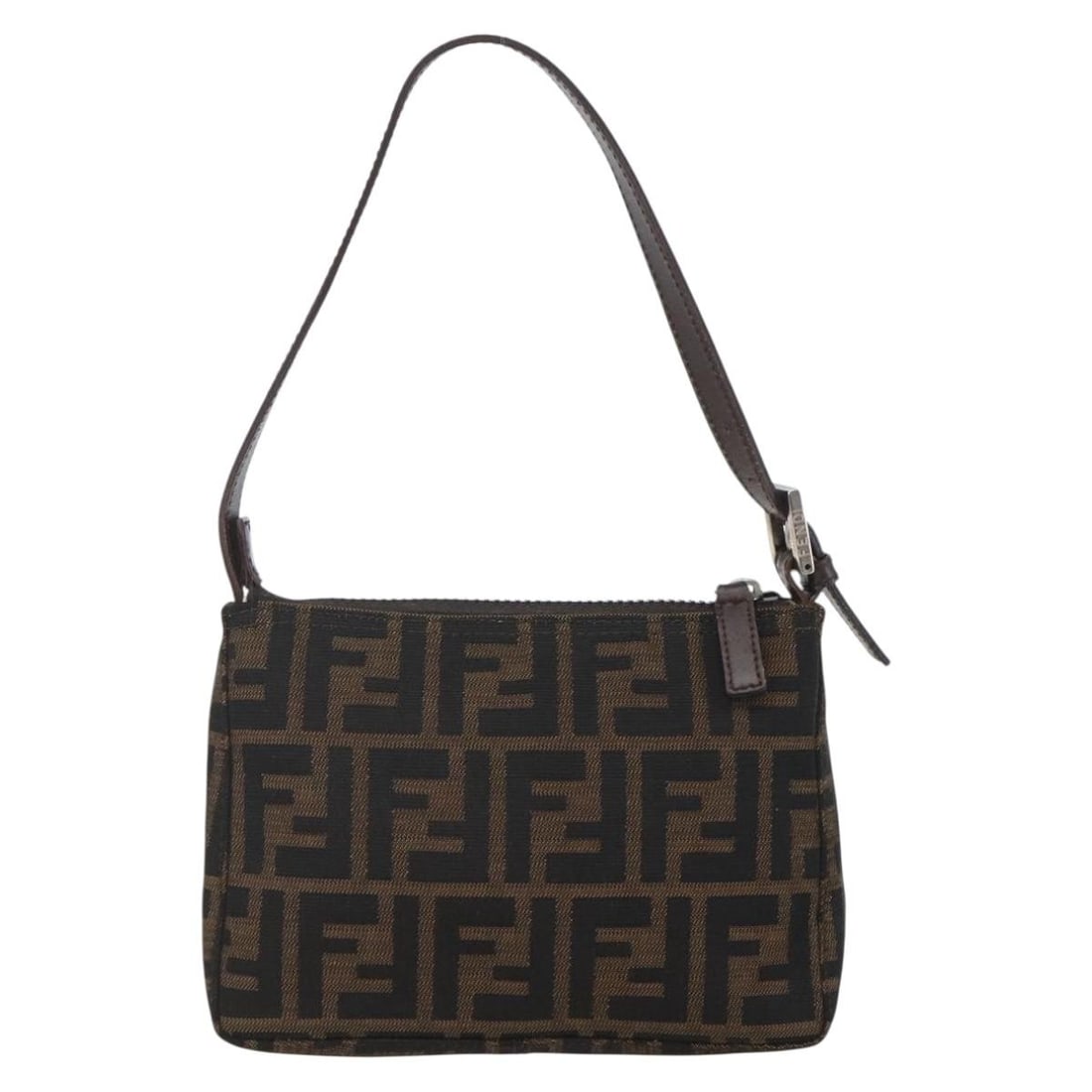 Zucca Canvas Shoulder Purse by Fendi in Black: Zucca Canvas Shoulder Purse by Fendi in Black This pre-owned Fendi Zucca canvas shoulder bag features a black design and is in good condition. It shows slight signs of use, including minor rubbing on