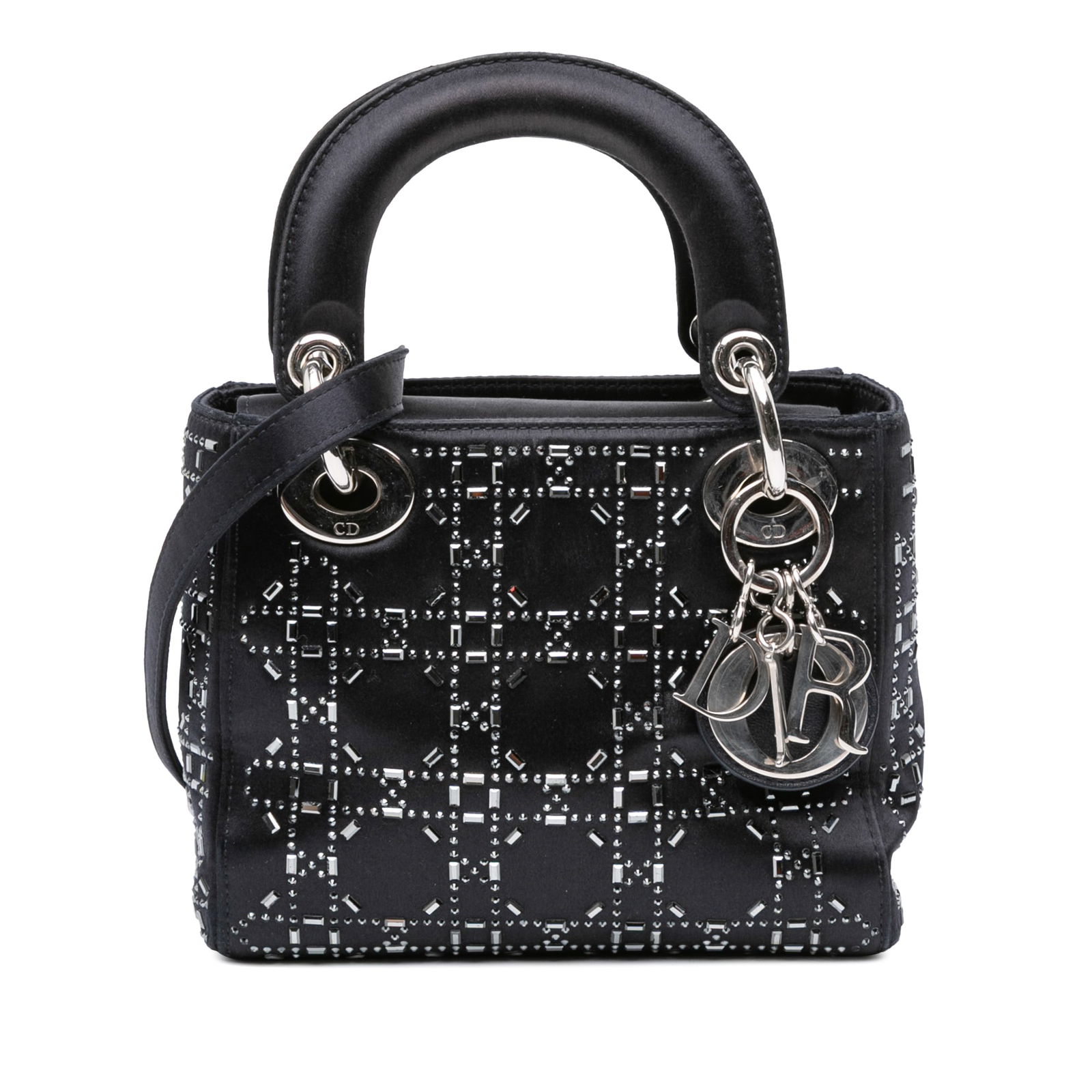 Dior Mini Satin Cannage Lady Dior Bag with Crystal Embellishments: Dior Mini Satin Cannage Lady Dior Bag with Crystal Embellishments Introducing the Mini Satin Cannage Strass Crystal Embellished Lady Dior, a stunning handbag that exemplifies elegance and sophisticati