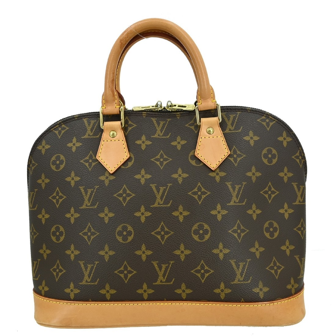 Alma handbag by Louis Vuitton in brown leather: Alma handbag by Louis Vuitton in brown leather This pre-owned Louis Vuitton Alma handbag features brown leather with visible signs of use, including scuffs, scratches, suntan marks, and dirt on the le