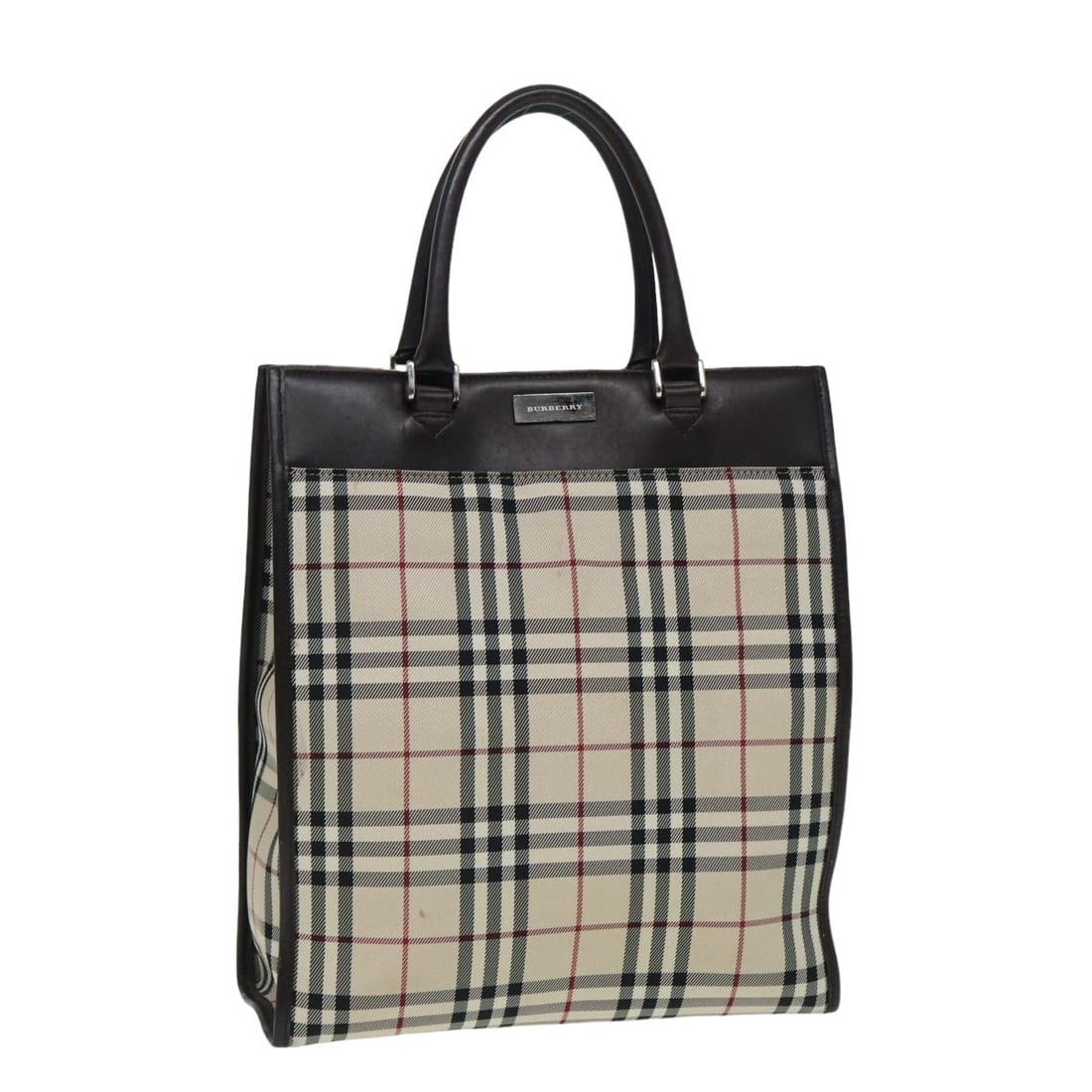Beige Tote Bag with Nova Check Pattern by Burberry: Beige Tote Bag with Nova Check Pattern by Burberry This Burberry Nova Check tote features the signature beige checked pattern, complemented by leather accents. The bag is designed for women and offers