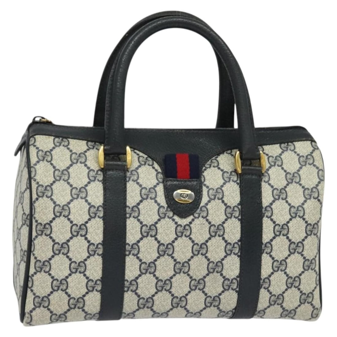 GUCCI GG Supreme Sherry Hand Bag PVC Navy Gold Red 40 02 006 Auth (1 of 18)