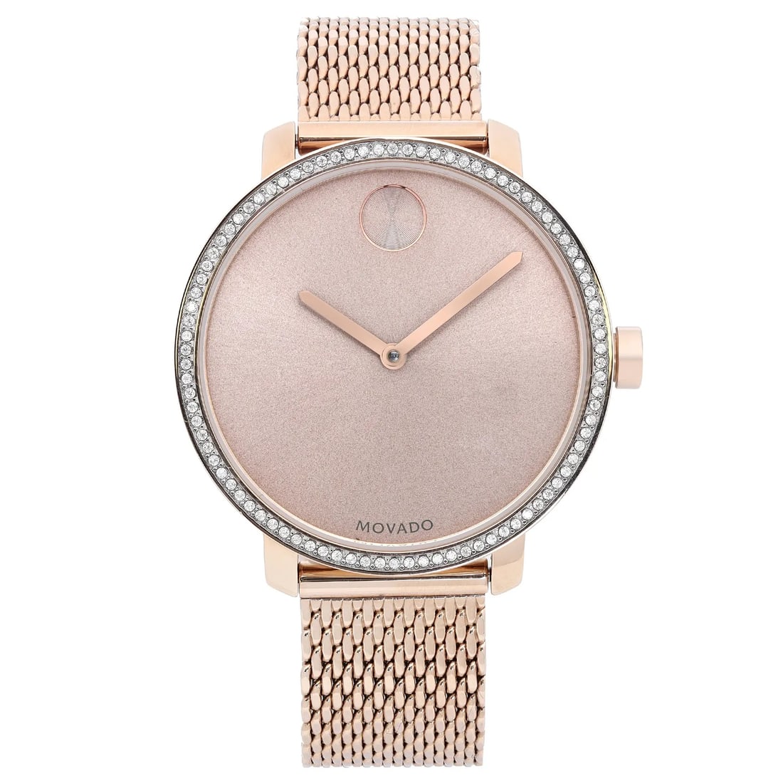 Movado Bold Shimmer 34mm Rose Gold Ladies Watch Quartz Diamond Bezel: Movado Bold Shimmer 34mm Rose Gold Ladies Watch Quartz Diamond Bezel The Movado Bold Shimmer is an elegant ladies' wristwatch that combines a chic design with functional features. This 34mm timepiece