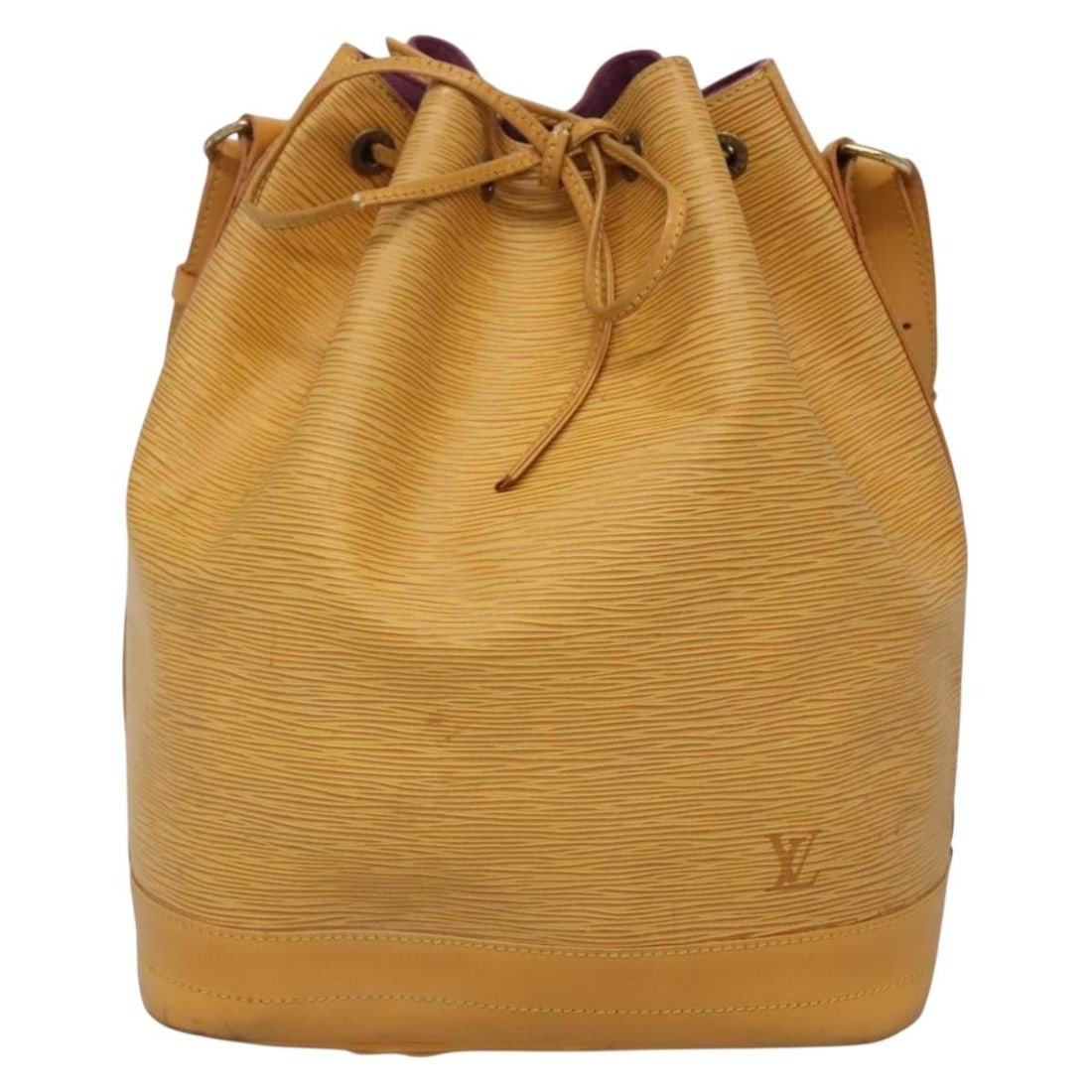 Noe Yellow Shoulder Bag by Louis Vuitton: Noe Yellow Shoulder Bag by Louis Vuitton This Louis Vuitton Noe handbag in yellow features a spacious design with a drawstring closure. The exterior shows rubbing, slight stains, and some loss of shap