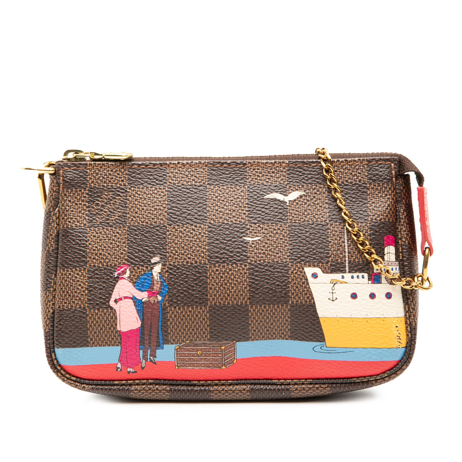 Louis Vuitton Transatlantic Cruises Damier Ebene Mini Pochette with Chain Handle: Louis Vuitton Transatlantic Cruises Damier Ebene Mini Pochette with Chain Handle This Louis Vuitton Mini Pochette Accessoires from the Damier Ebene Transatlantic Cruises collection features a printed