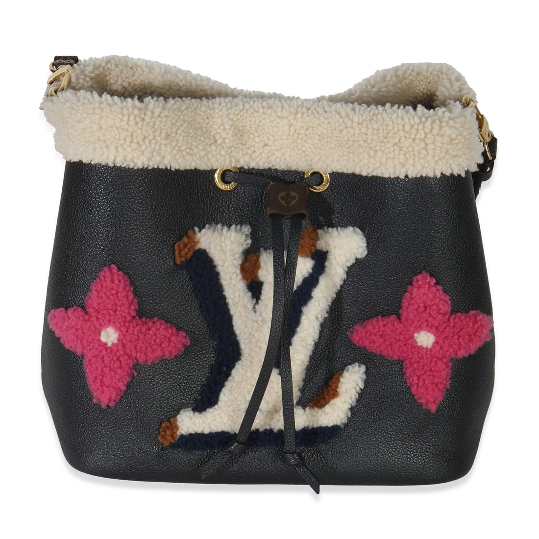 Louis Vuitton Neonoe MM Black Shearling Shoulder Bag with Gold-Tone Hardware: Louis Vuitton Neonoe MM Black Shearling Shoulder Bag with Gold-Tone Hardware The Louis Vuitton Neonoe MM is a stylish shoulder bag crafted in France, featuring a unique combination of leather and fabr