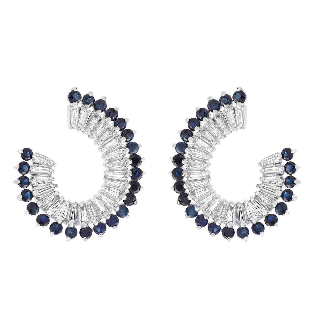 Rachel Koen 14K White Gold Blue Sapphire Diamond Hoop Earrings 3.59 ctw: Rachel Koen 14K White Gold Blue Sapphire Diamond Hoop Earrings 3.59 ctw Adorn yourself with these exquisite Rachel Koen hoop earrings, crafted from luxurious 14K white gold. They showcase a stunning a