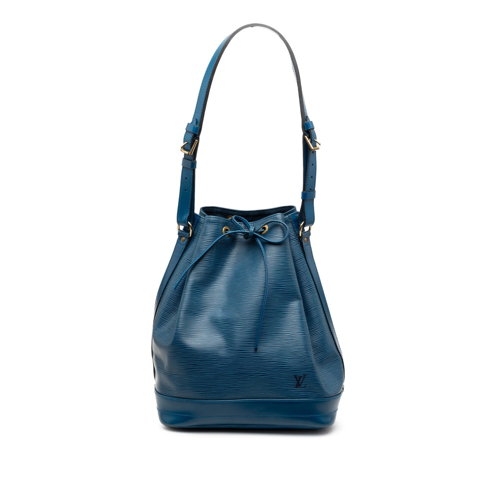 Blue Epi Leather Noe GM Shoulder Bag by Louis Vuitton: Blue Epi Leather Noe GM Shoulder Bag by Louis Vuitton This Louis Vuitton Epi Noe GM features a blue epi leather body, an adjustable flat shoulder strap, and a drawstring closure. Made in France, this