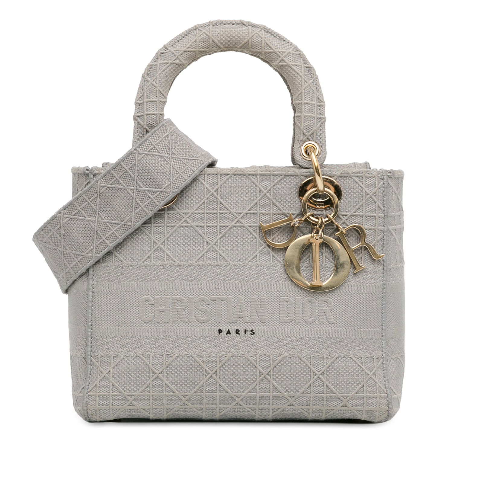 Dior Medium Canvas Cannage Lady D Lite Gray Handbag: Dior Medium Canvas Cannage Lady D Lite Gray Handbag Introducing the Dior Medium Canvas Cannage Lady D Lite, a stylish and versatile handbag crafted from durable fabric. This elegant bag features flat