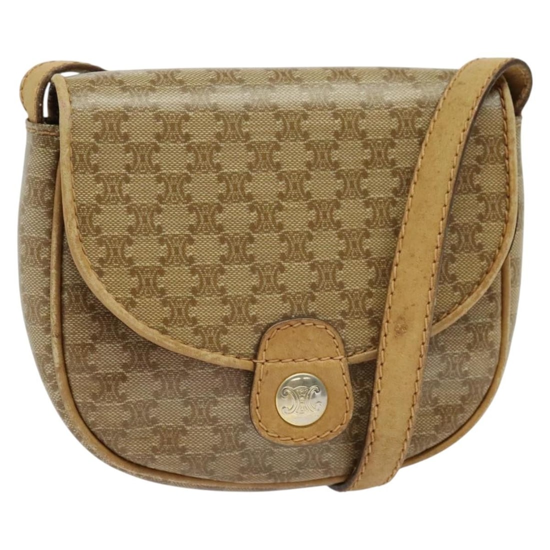 Vintage Celine Macadam Beige Shoulder Bag for Women: Vintage Celine Macadam Beige Shoulder Bag for Women This Celine vintage Macadam shoulder bag in beige features a classic design with noticeable signs of use. The exterior shows some loss of shape, rub