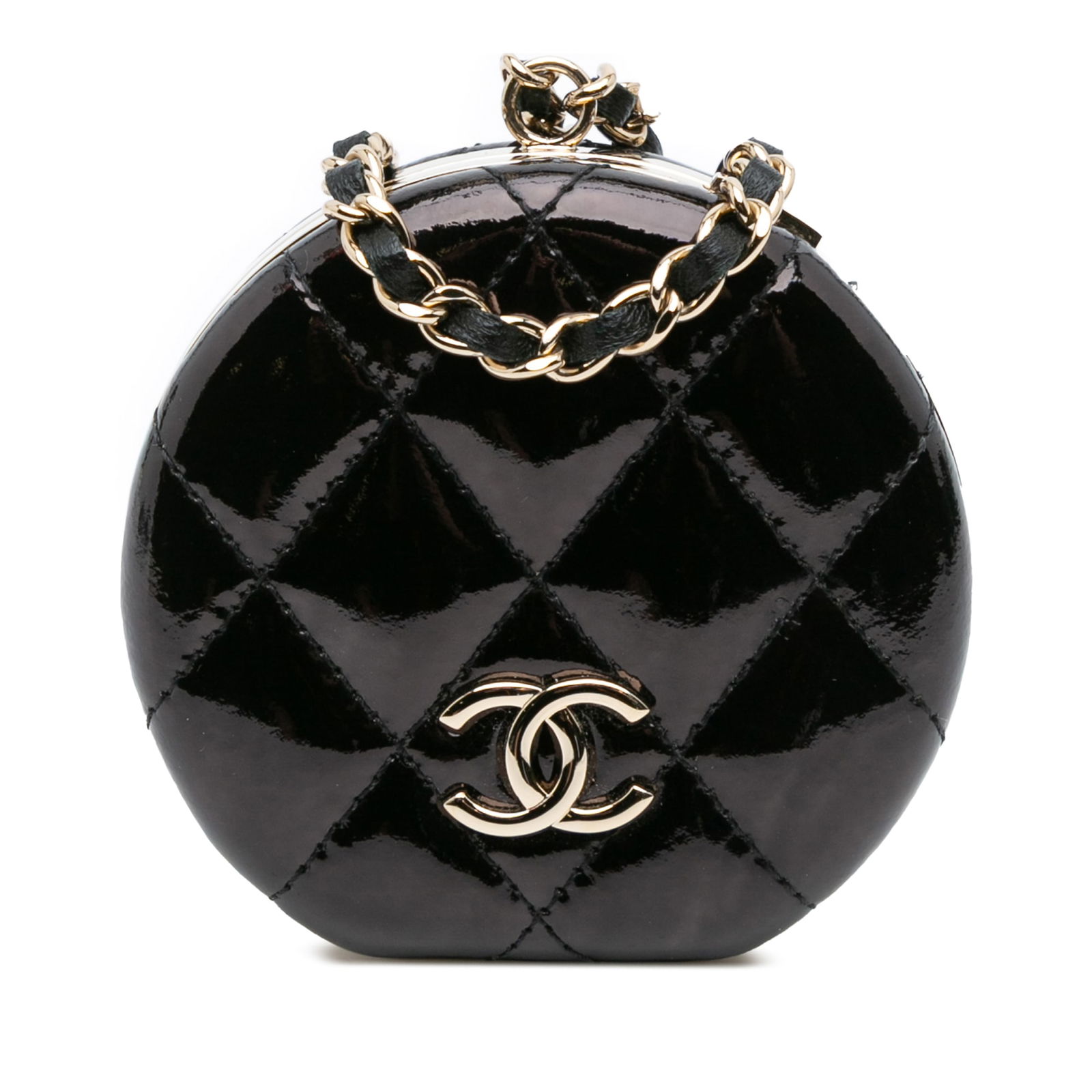 Chanel Black Quilted Patent Round Mirror Chain Necklace: Chanel Black Quilted Patent Round Mirror Chain Necklace Introducing the Chanel Quilted Patent Round Mirror Chain Necklace, a luxurious accessory that combines style and practicality. This exquisite pi