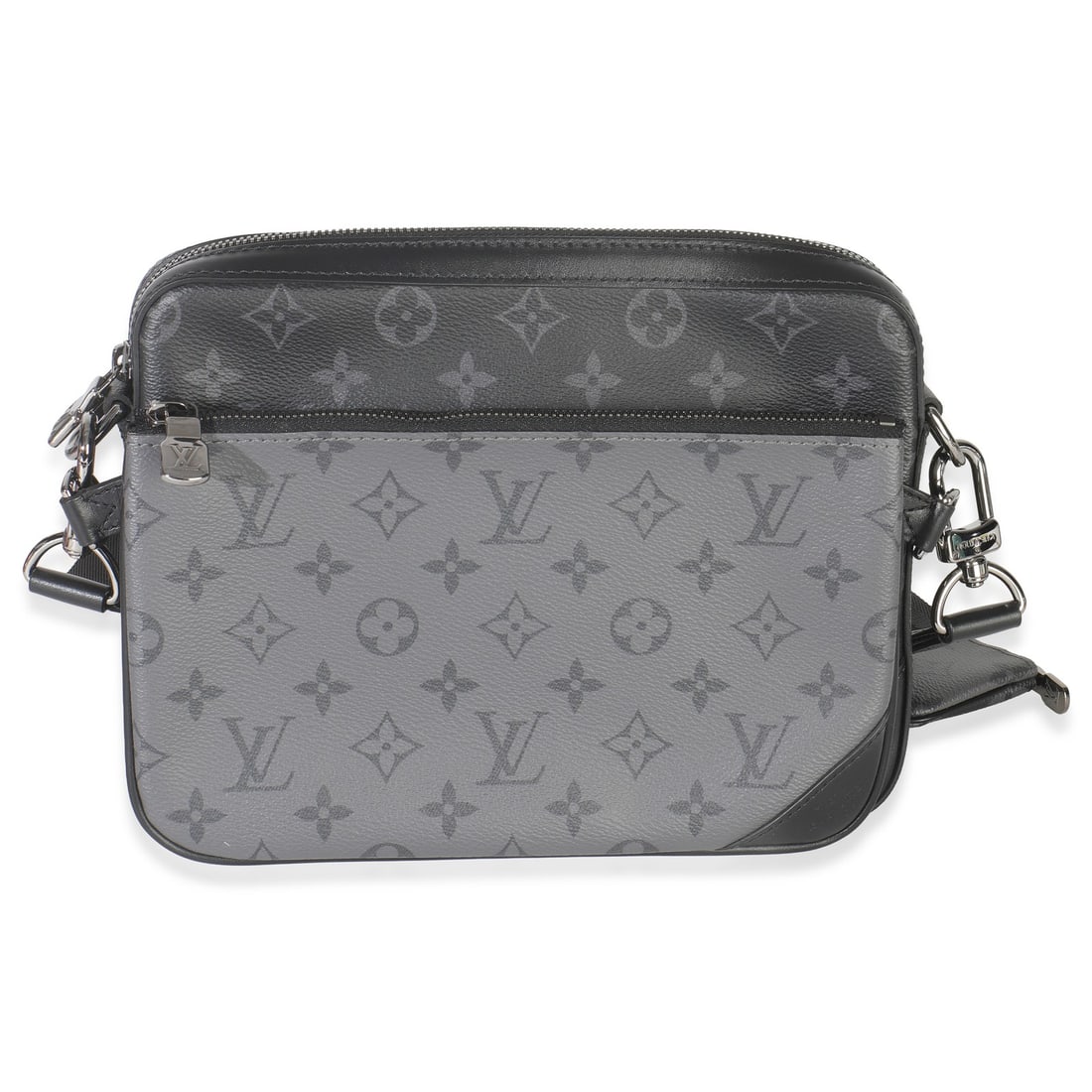 Black Canvas Trio Messenger Bag by Louis Vuitton Monogram Eclipse: Black Canvas Trio Messenger Bag by Louis Vuitton Monogram Eclipse The Louis Vuitton Monogram Eclipse Canvas Trio Messenger is a stylish messenger bag crafted from black canvas with silver-tone hardwar