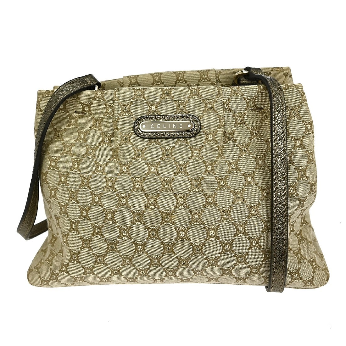 Macadam Beige Canvas Shoulder Bag by Celine Small Size NQ01096: Macadam Beige Canvas Shoulder Bag by Celine Small Size NQ01096 This Celine Macadam shoulder bag features a beige canvas and leather exterior with a logo accent. Designed with a small size and casual s